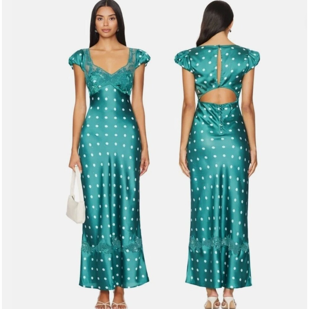 Free People Womens Butterfly Babe Polka Dot Sz Small Green Satin Maxi Dress EUC